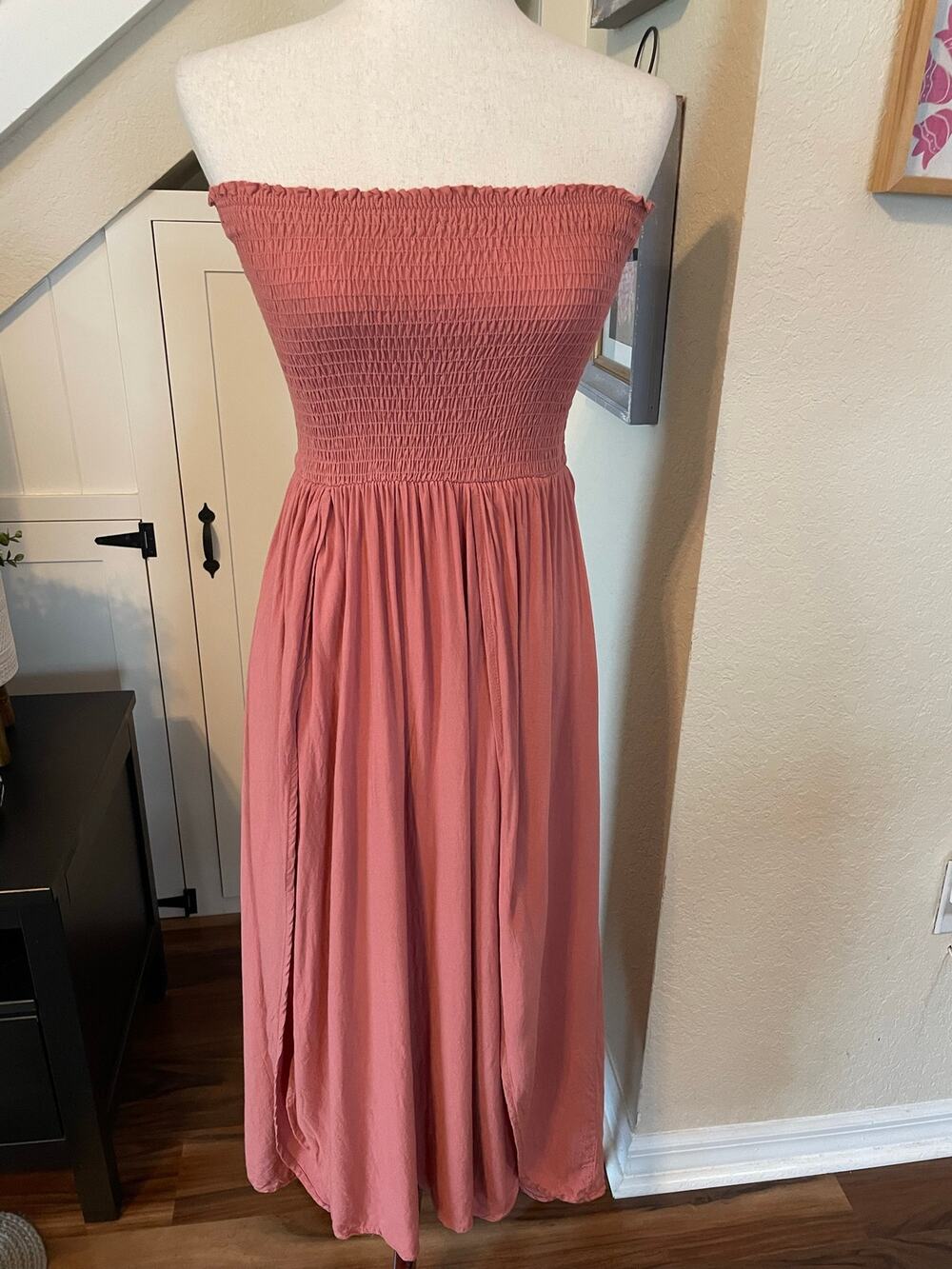 SHORE Strapless Smocked Double Slit Midi Dress Swim Coverup Dusty Rose M